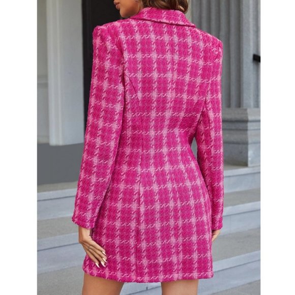 Plaid Double Breasted Pink Tweed Blazer Dress Mini Dress - Picture 9 of 9